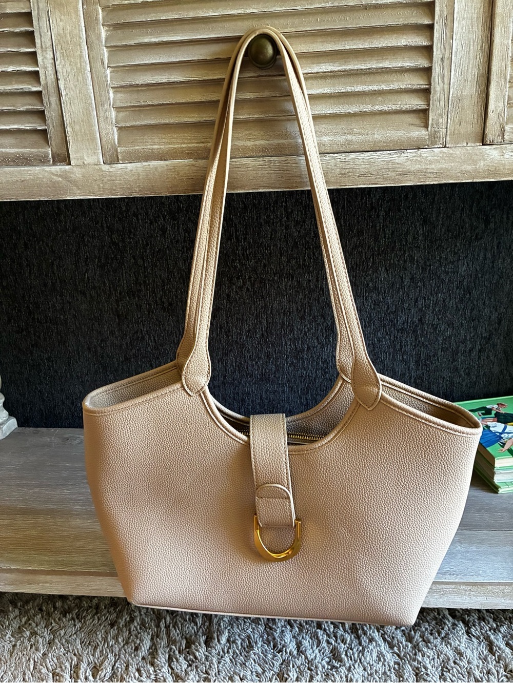 Miztique Pebbled Taupe Tote with Gold Hardware